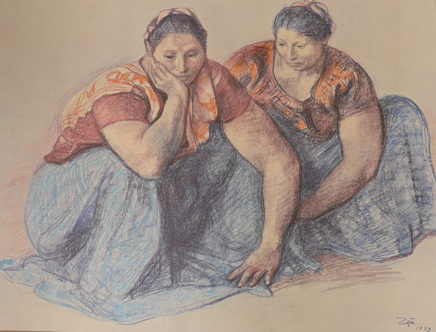 Francisco Zuniga (Costa Rican/Mexican 1912-1998), colour print, Two seated women, dated 1973, 48 x 63cm